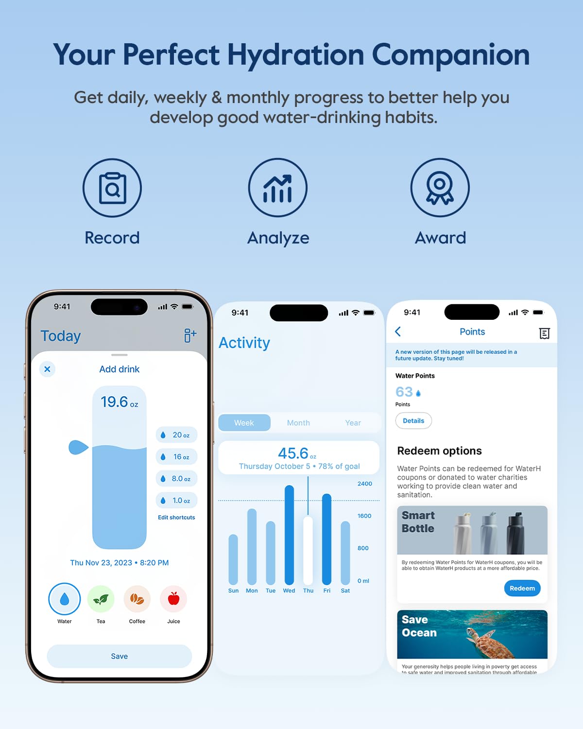 WATERH Smart Water Bottle with Reminder to Drink Water, 24oz