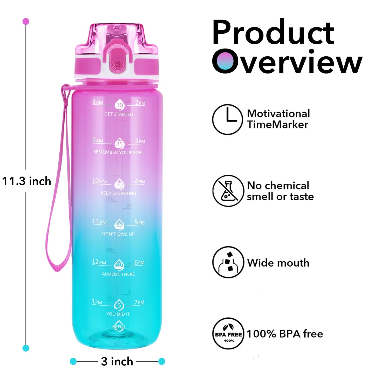 Alwager 32oz Motivational Water Bottles with Time Marker & Fruit Strainer