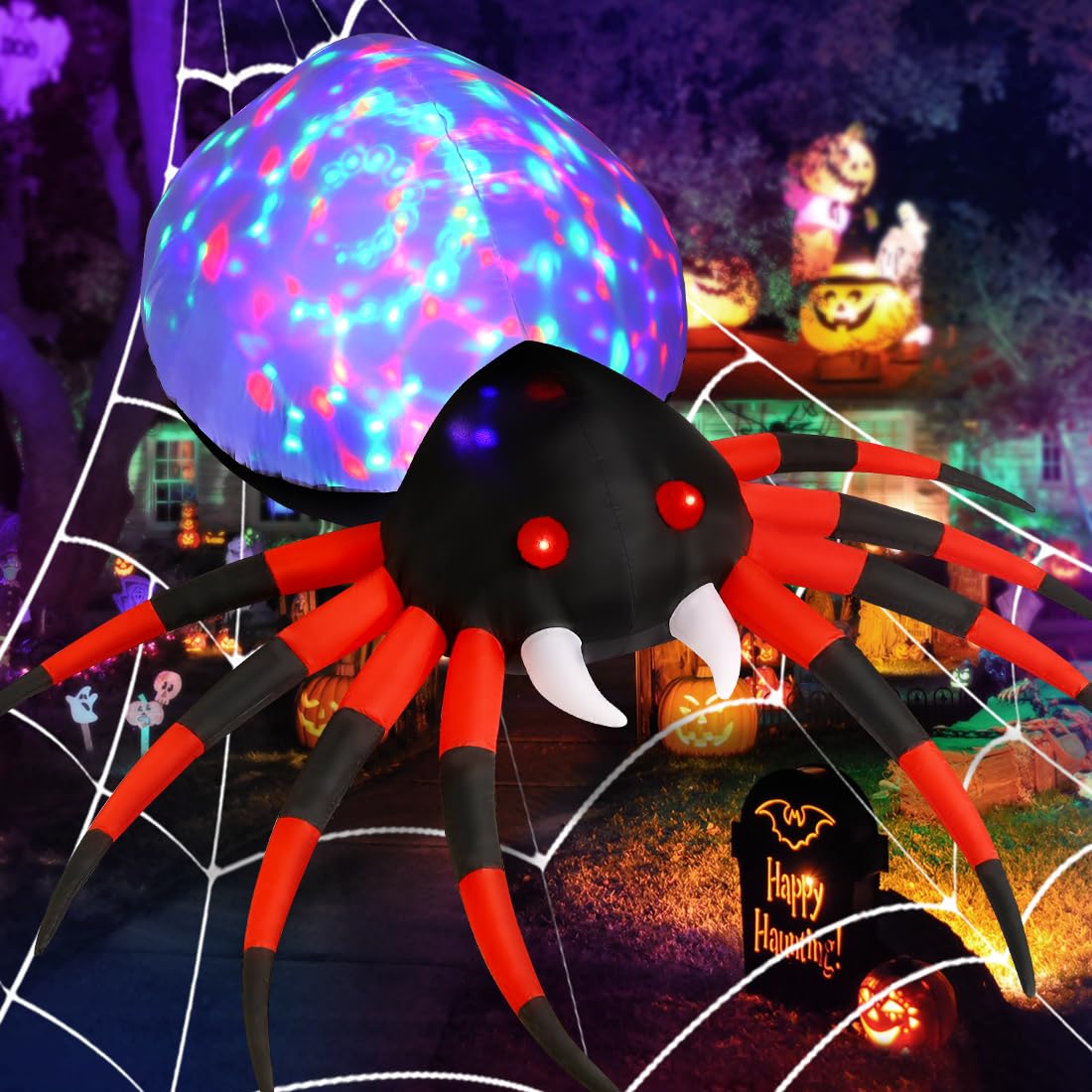 GOOSH 8 FT Width Halloween Inflatables Spider with Magic Light Halloween Decorations