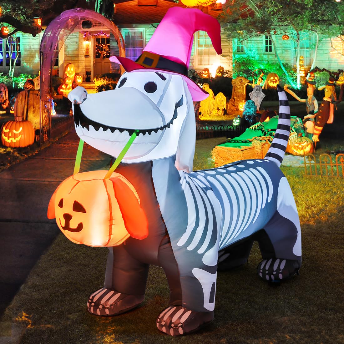 GOOSH 5.5 FT Inflatables Outdoor Decorations Skeleton Puppy for Halloween Party