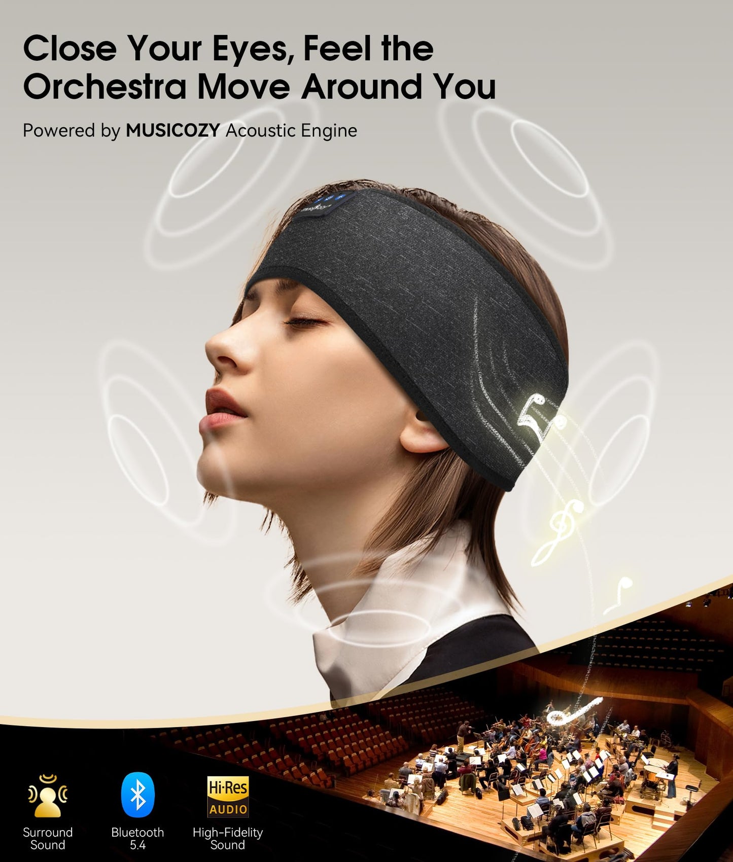 MUSICOZY Sleep Headphones Bluetooth 5.4 Headband, Wireless Earphones
