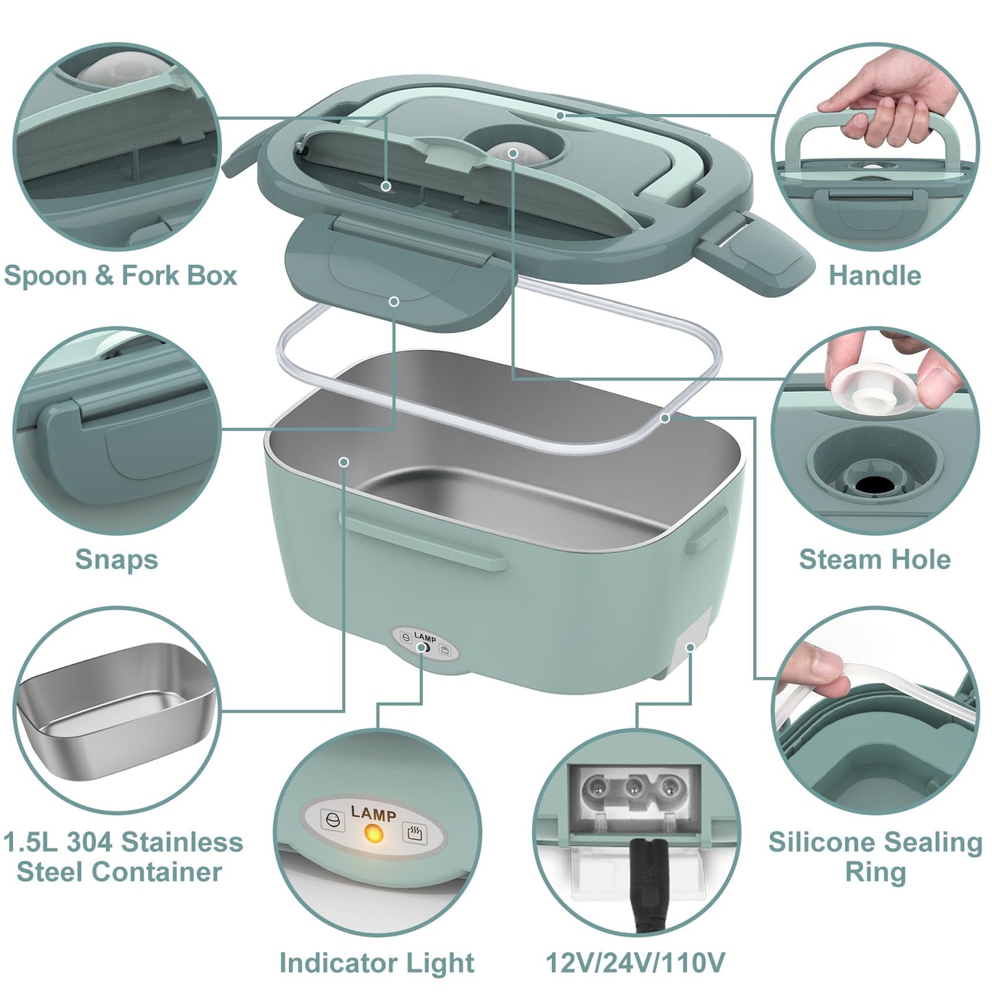 WisaKey Green Electric Lunch Box Food Heater