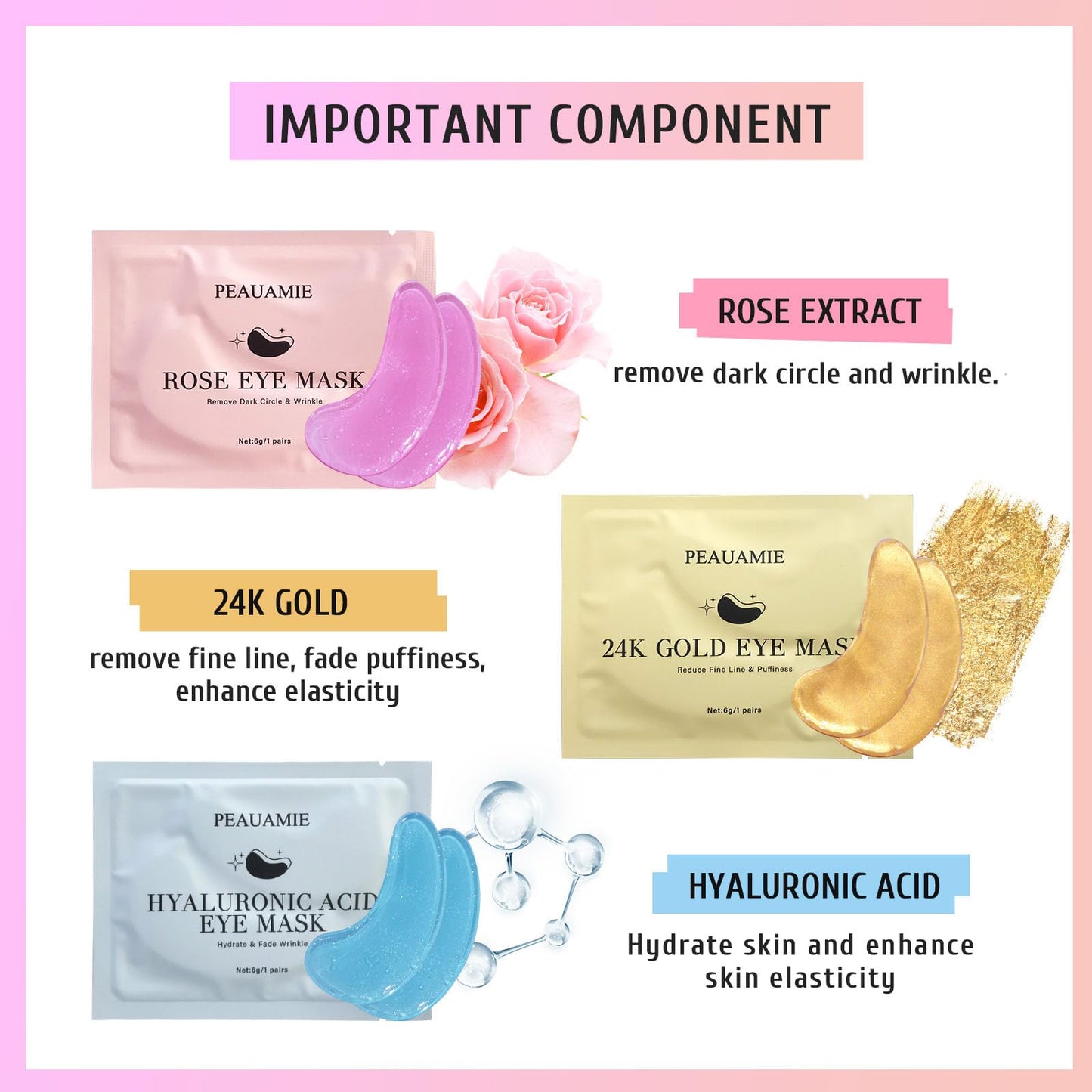 PEAUAMIE Under Eye Patches Gold and Hyaluronic Acid for puffy eyes