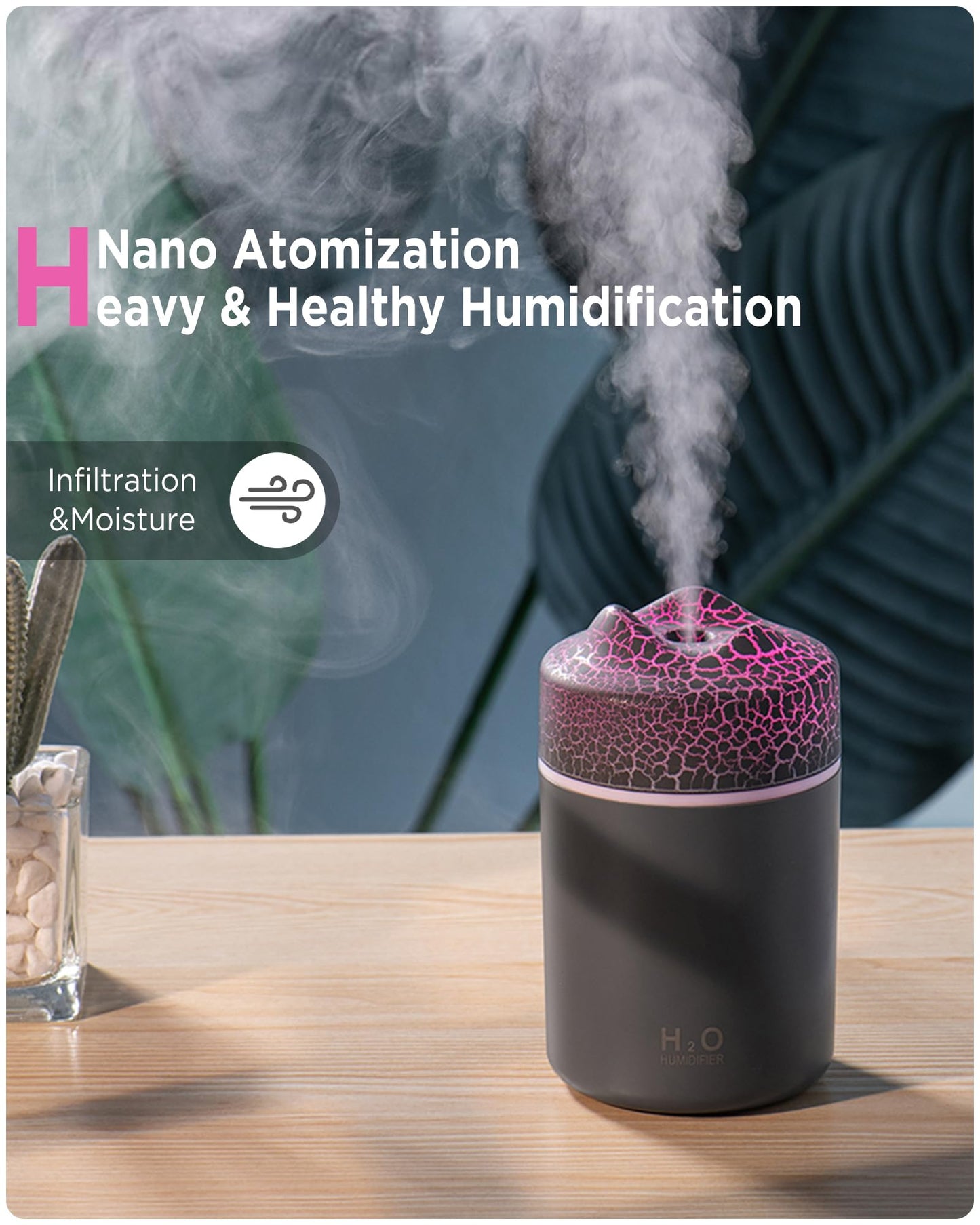 Portable Mini Humidifier, Colorful, Cool Mist, USB Powered.