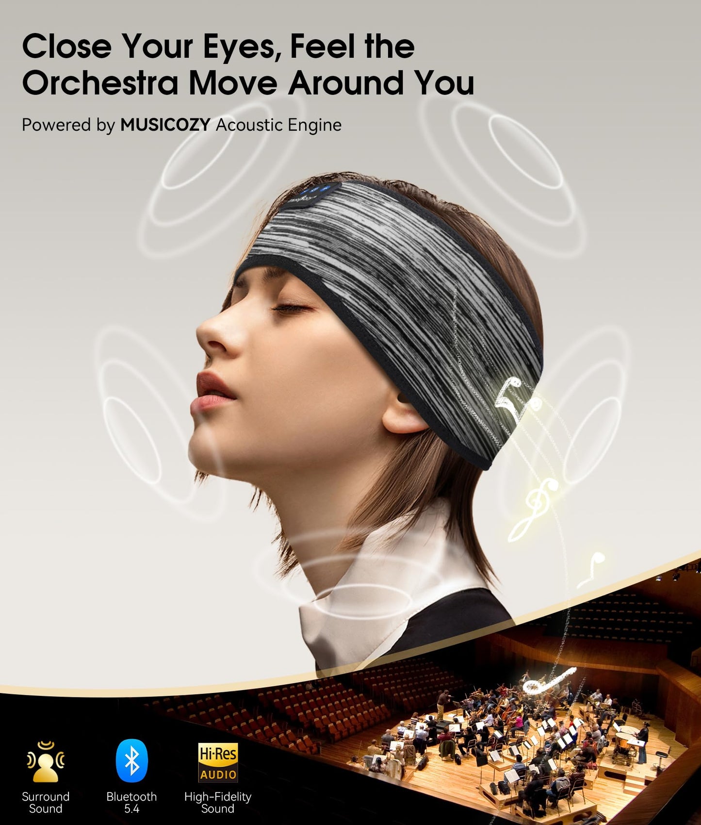MUSICOZY Sleep Headphones Bluetooth 5.4 Headband, Wireless Earphones