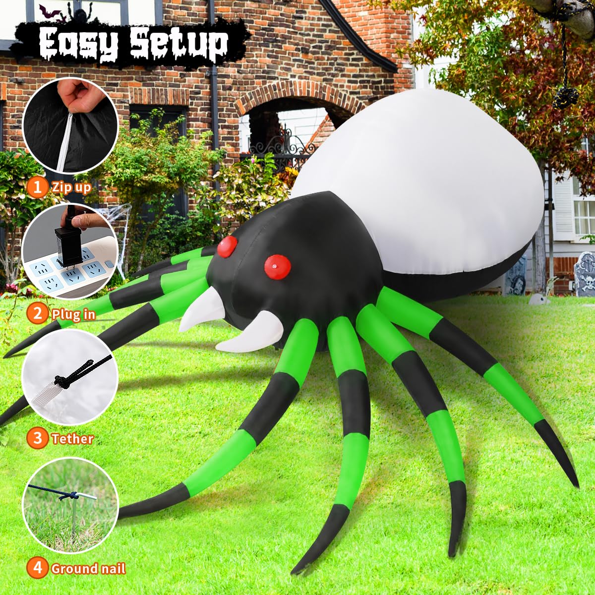 GOOSH 8 FT Width Halloween Inflatables Spider with Magic Light Halloween Decorations