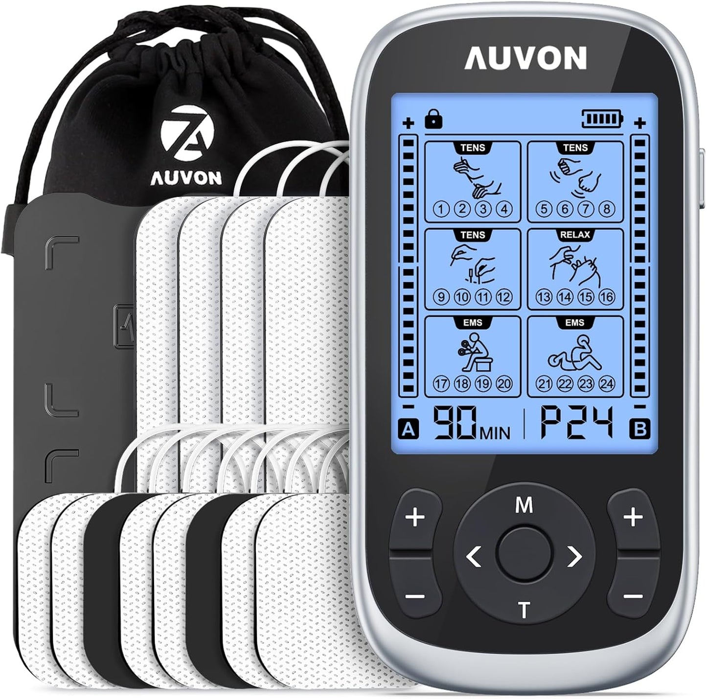 AUVON 3-in-1 TENS Unit Muscle Stimulator With 12 TENS Pads