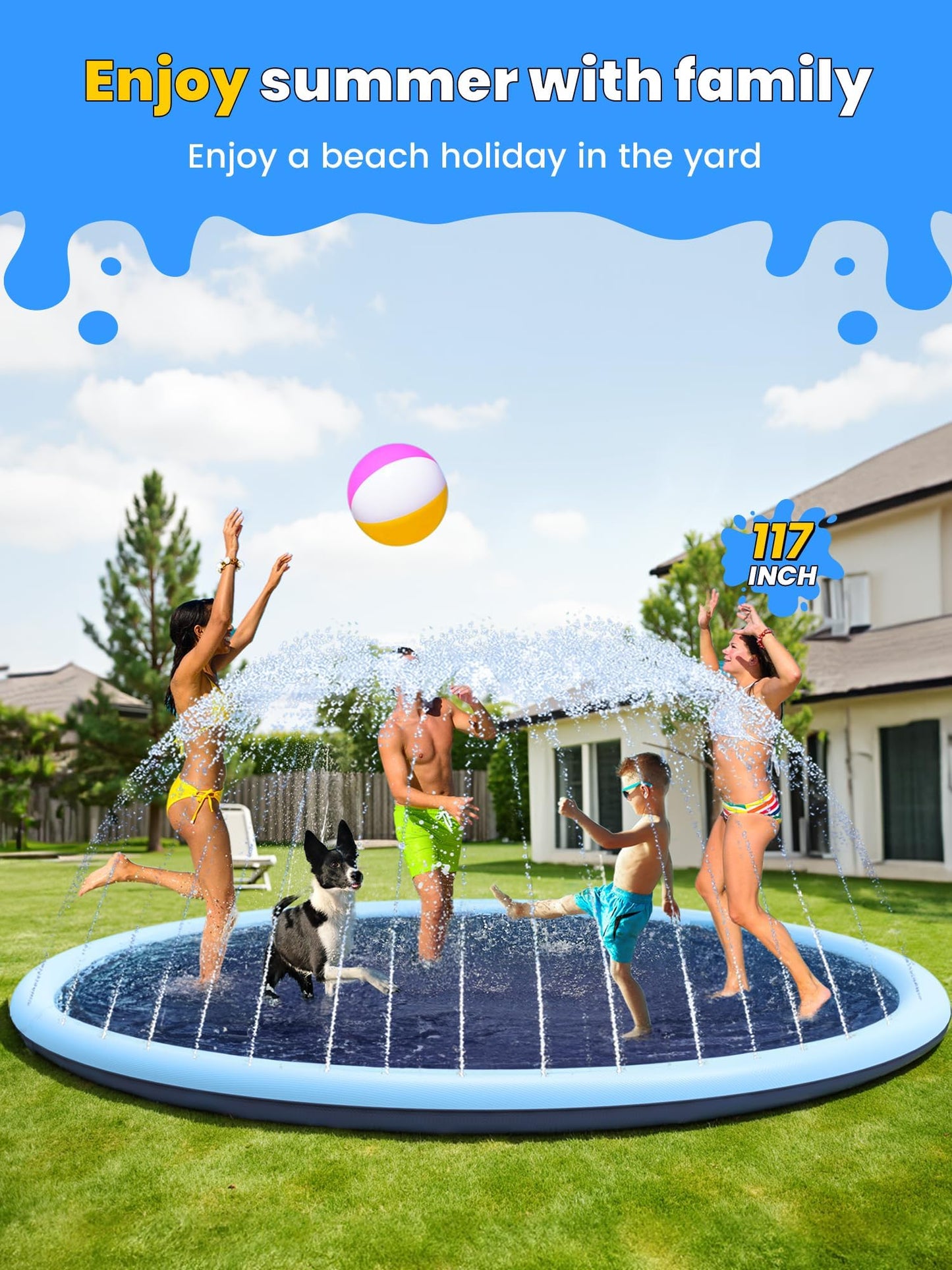 VISTOP Non-Slip Splash Pad for Kids and Dog, Thicken Sprinkler Pool Summer Outdoor Water Toys - Fun Backyard Fountain Play Mat for Baby Girls Boys Children or Pet Dog (67 inch, Blue&Blue)