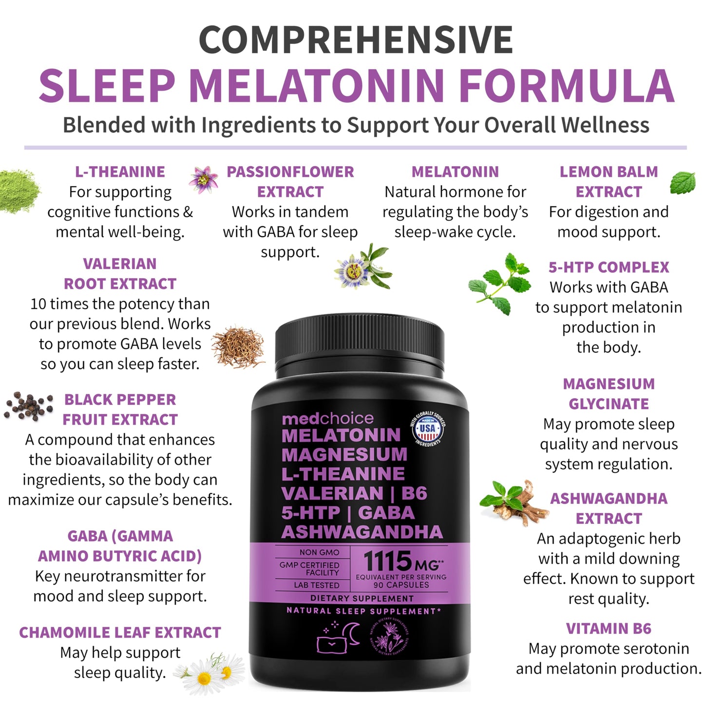 12-in-1 Melatonin Sleep Capsules - Natural Sleep Aids for Adults with Melatonin 5mg