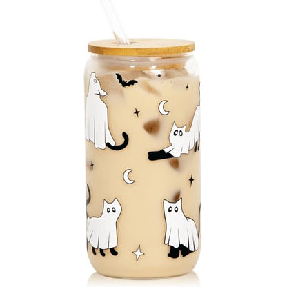 Joyseller Halloween Glass Cup, 18oz Cute Ghost Cat Iced Coffee Can Glass Tumbler