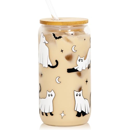 Joyseller Halloween Glass Cup, 18oz Cute Ghost Cat Iced Coffee Can Glass Tumbler