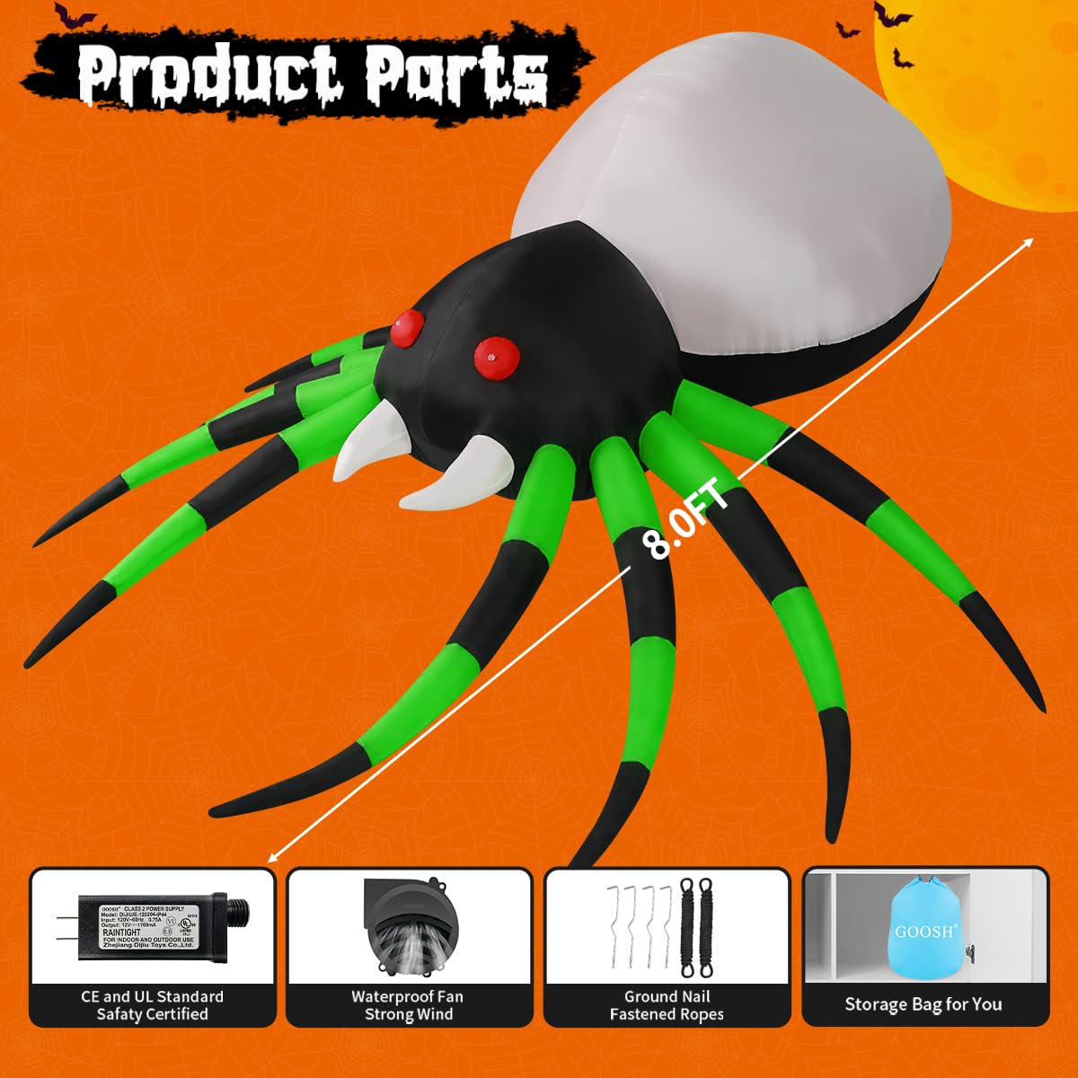 GOOSH 8 FT Width Halloween Inflatables Spider with Magic Light  Halloween Decorations