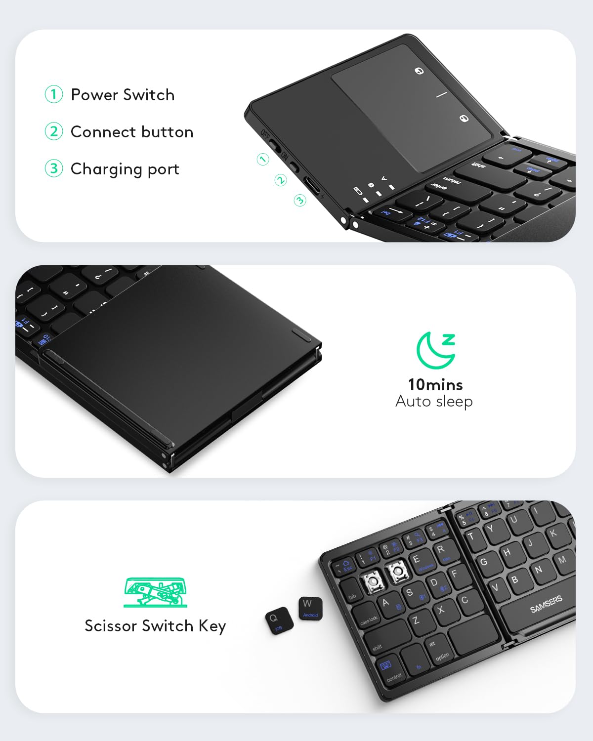 Samsers Foldable Bluetooth Keyboard with Touchpad- Black