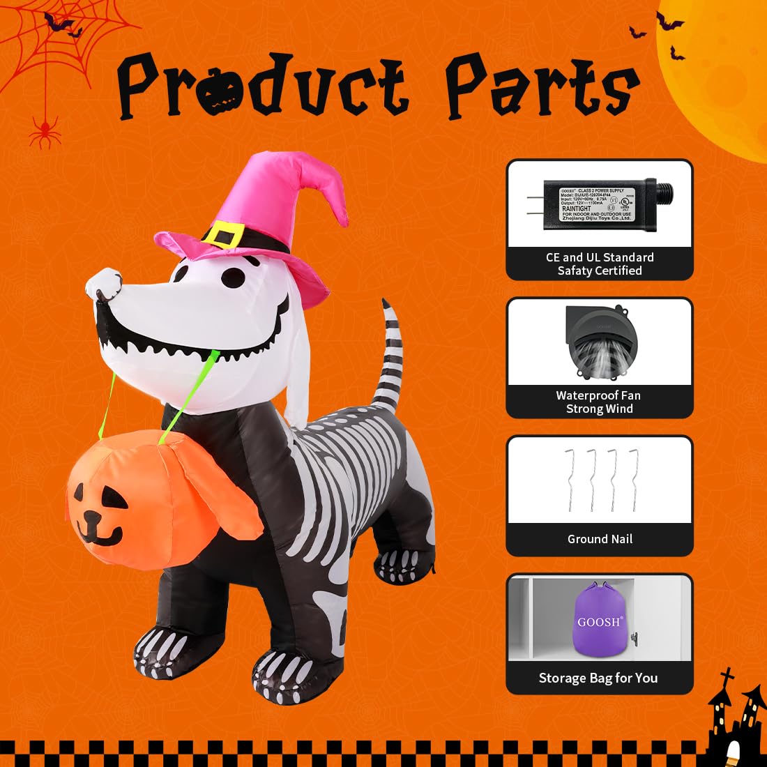 GOOSH 5.5 FT Inflatables Outdoor Decorations Skeleton Puppy  for Halloween Party
