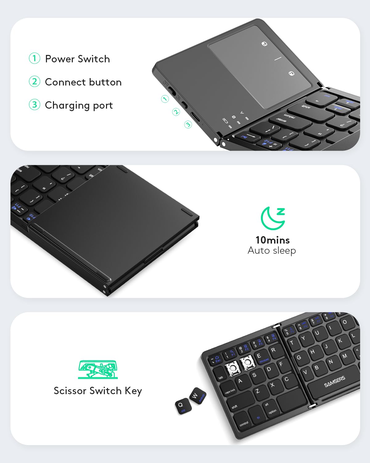 Samsers Foldable Bluetooth Keyboard with Touchpad- Black
