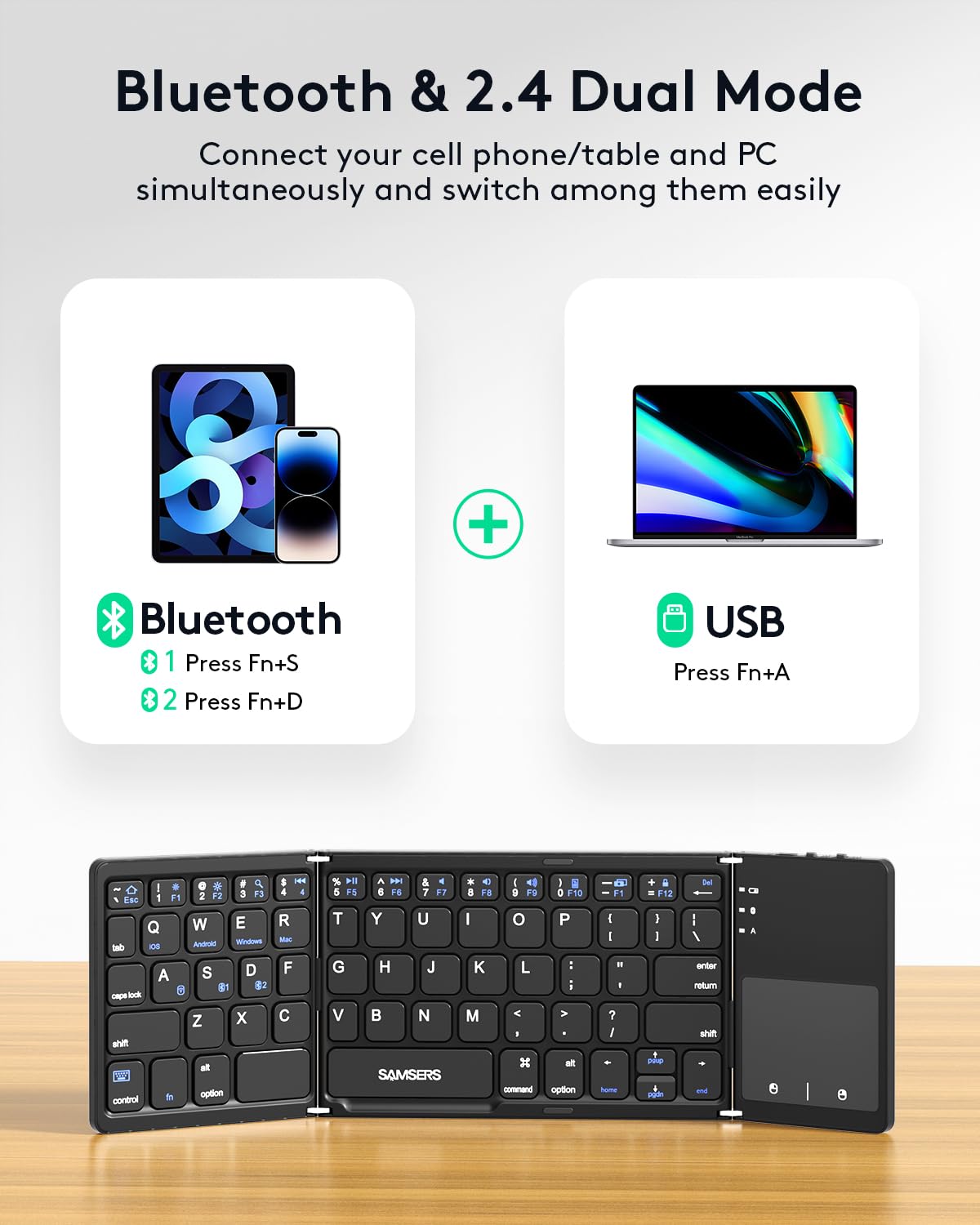 Samsers Foldable Bluetooth Keyboard with Touchpad- Black