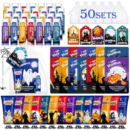 VESPRO 50 Pack Halloween Hand Cream, Facial Mask and Lip Balm Set