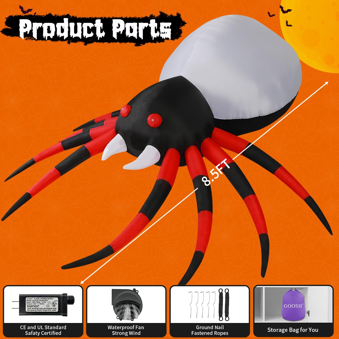 GOOSH 8 FT Width Halloween Inflatables Spider with Magic Light  Halloween Decorations