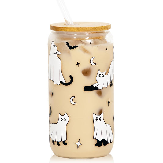 Joyseller Halloween Glass Cup, 18oz Cute Ghost Cat Iced Coffee Can Glass Tumbler