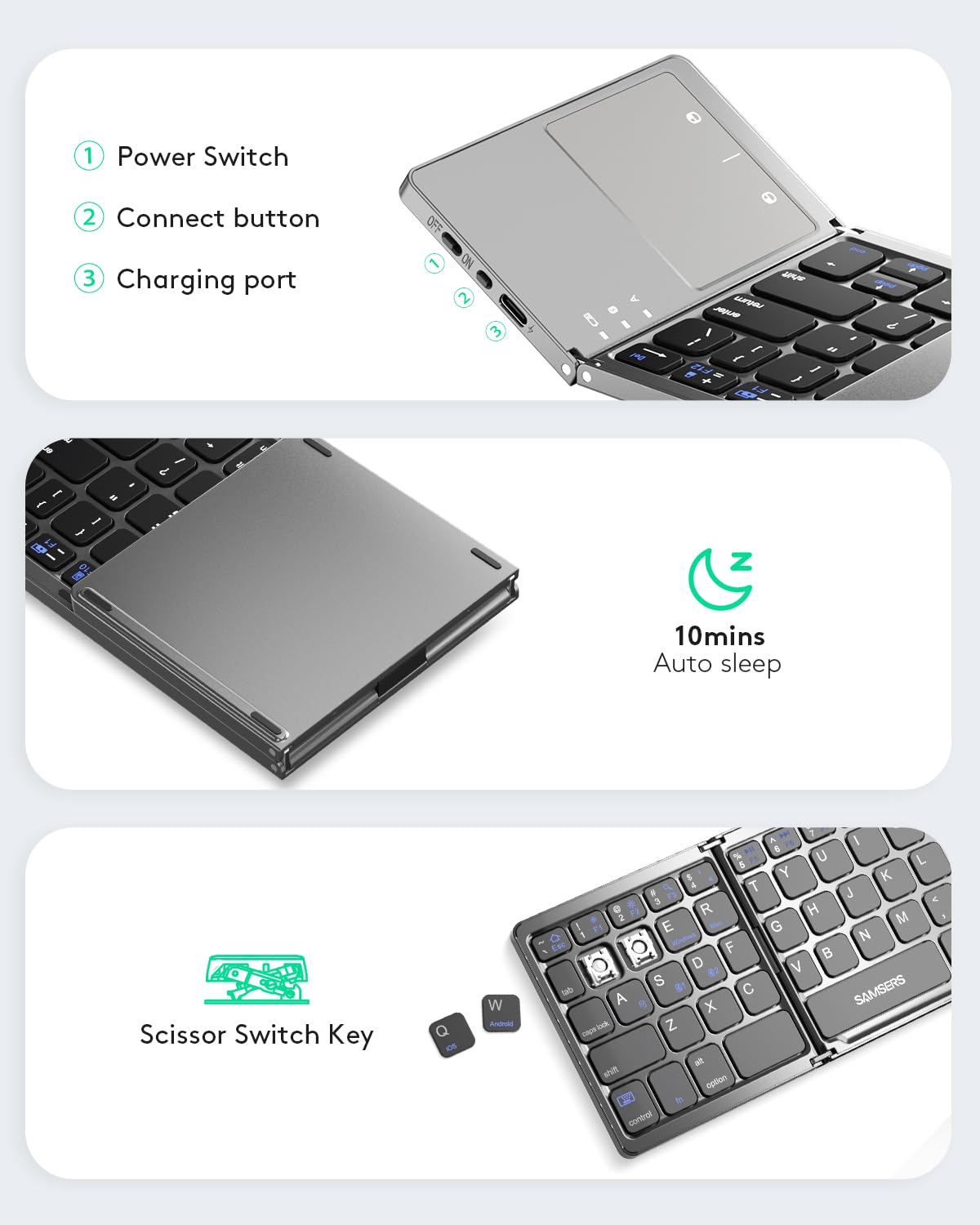 Samsers Foldable Bluetooth Keyboard with Touchpad- Black