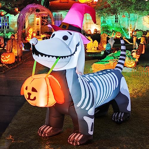 GOOSH 5.5 FT Inflatables Outdoor Decorations Skeleton Puppy  for Halloween Party