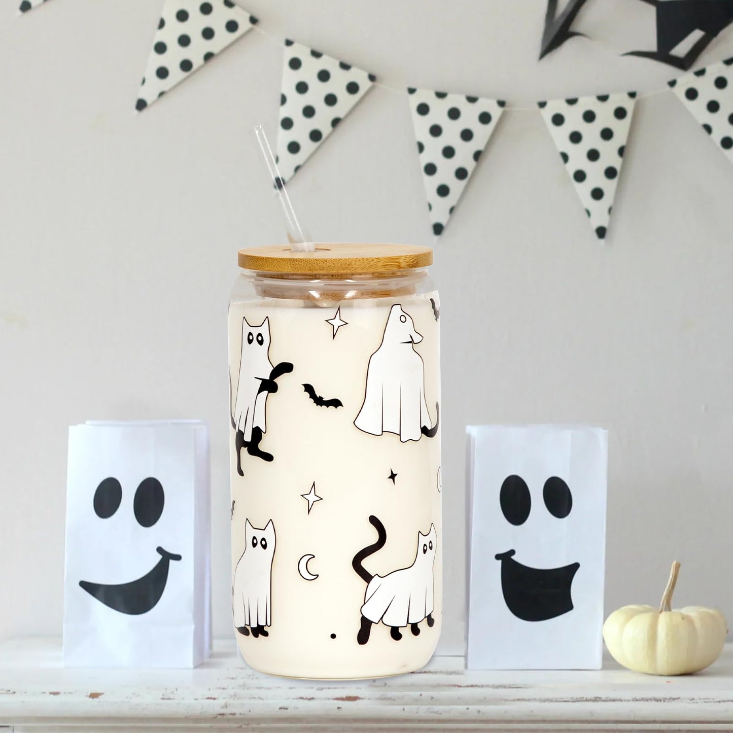 Joyseller Halloween Glass Cup, 18oz Cute Ghost Cat Iced Coffee Can Glass Tumbler