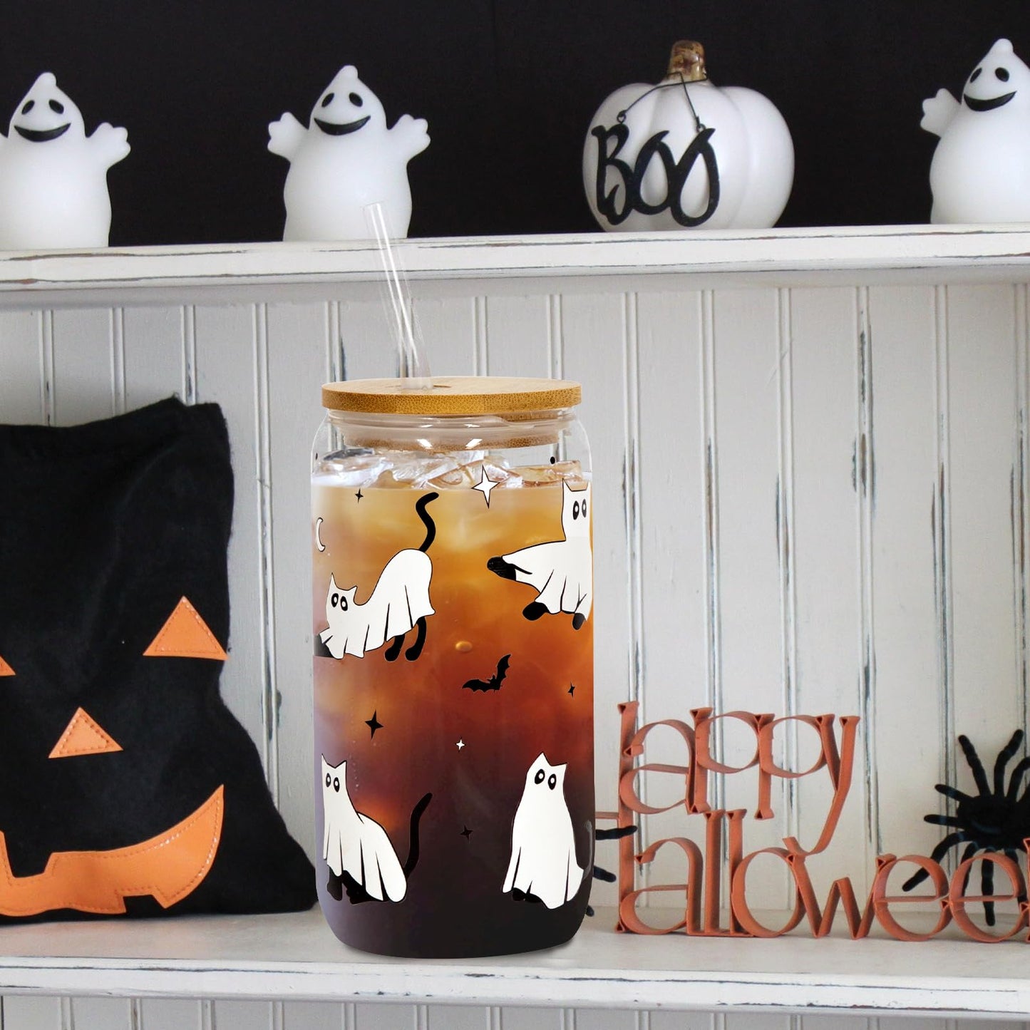 Joyseller Halloween Glass Cup, 18oz Cute Ghost Cat Iced Coffee Can Glass Tumbler