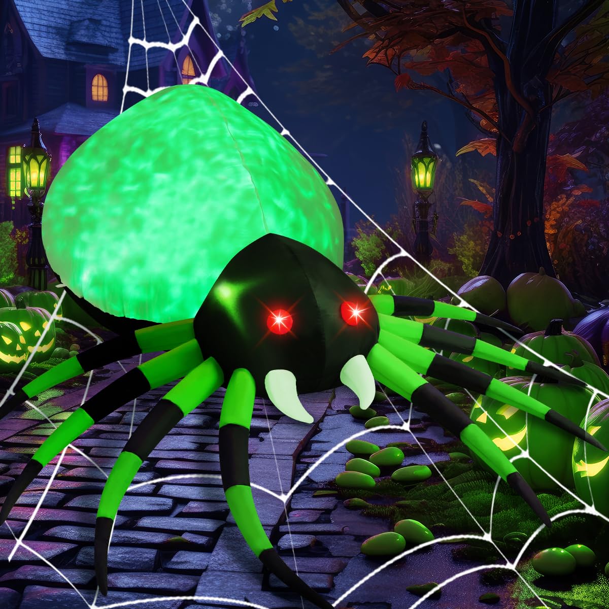 GOOSH 8 FT Width Halloween Inflatables Spider with Magic Light  Halloween Decorations