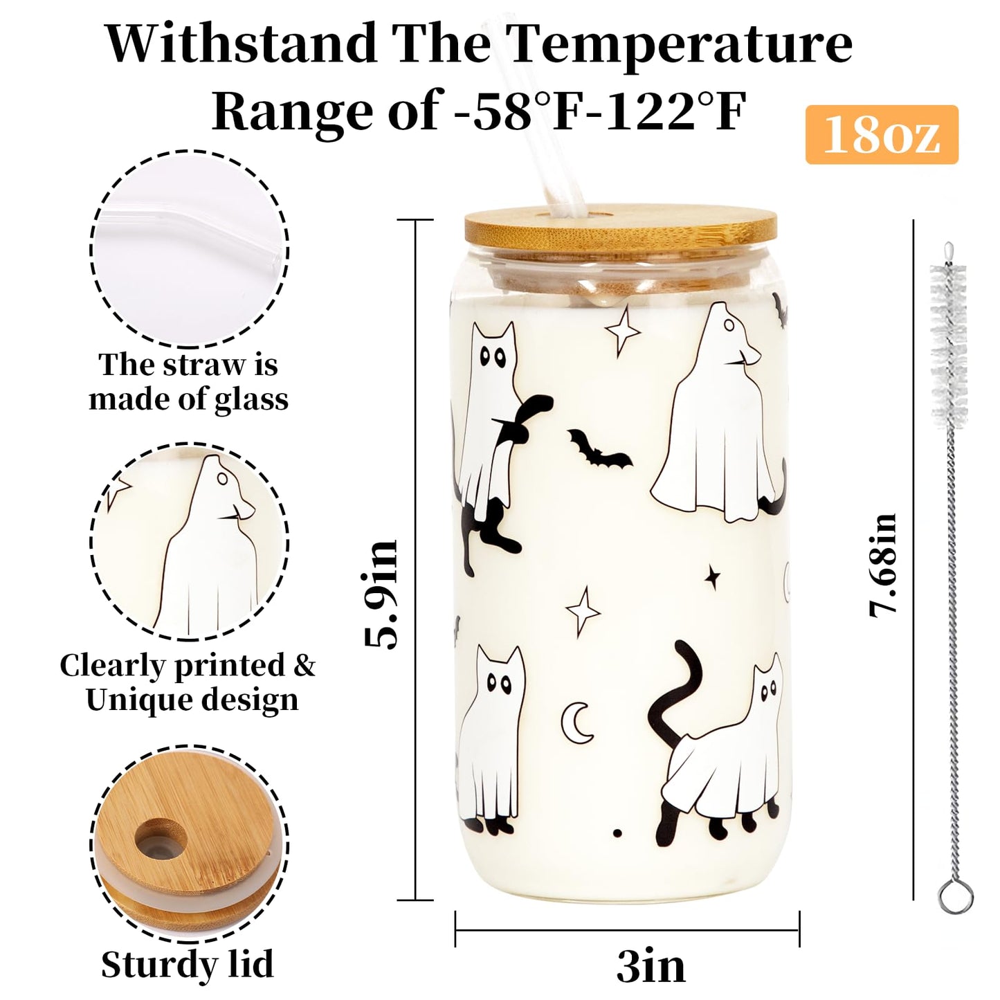 Joyseller Halloween Glass Cup, 18oz Cute Ghost Cat Iced Coffee Can Glass Tumbler