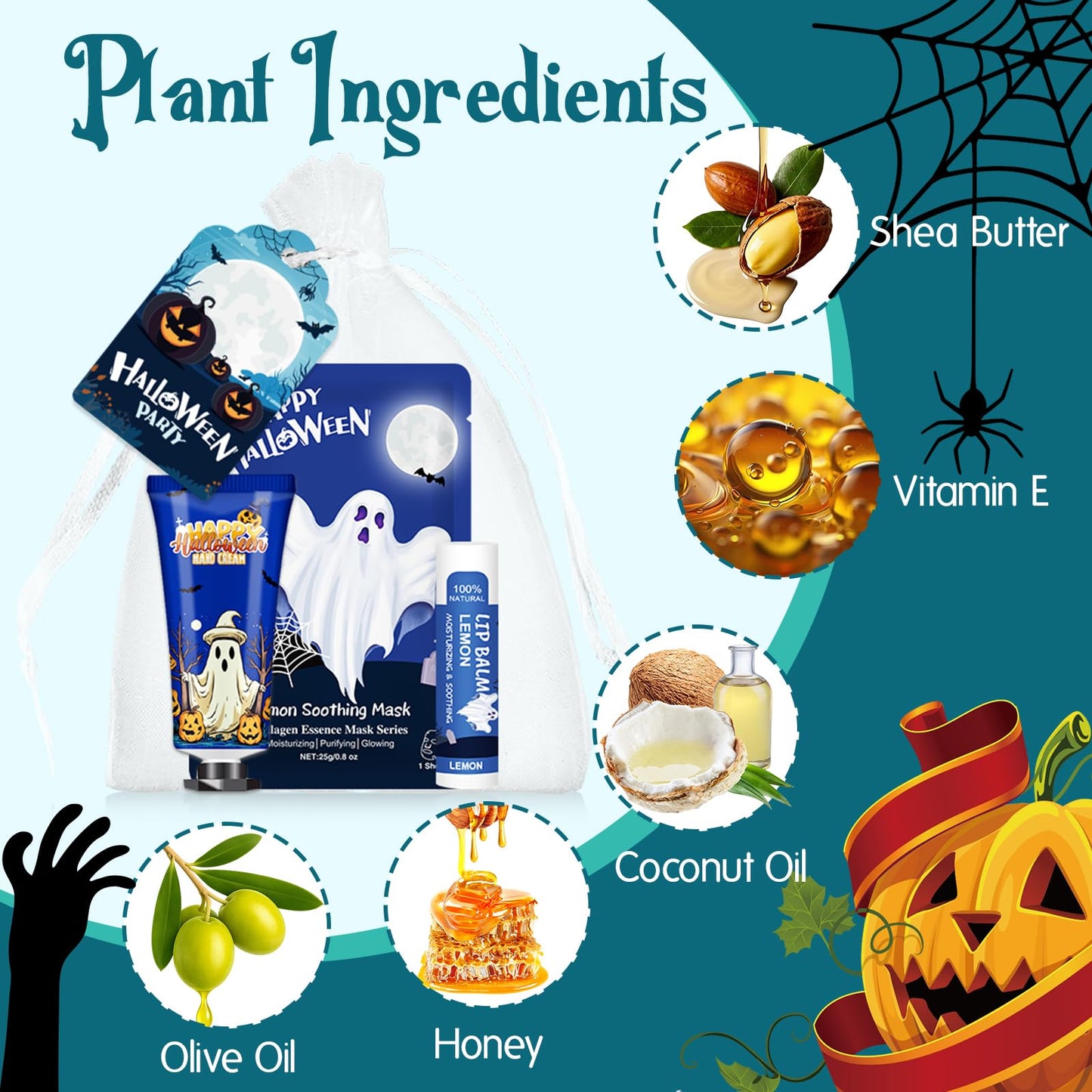 VESPRO 50 Pack Halloween Hand Cream, Facial Mask and Lip Balm Set