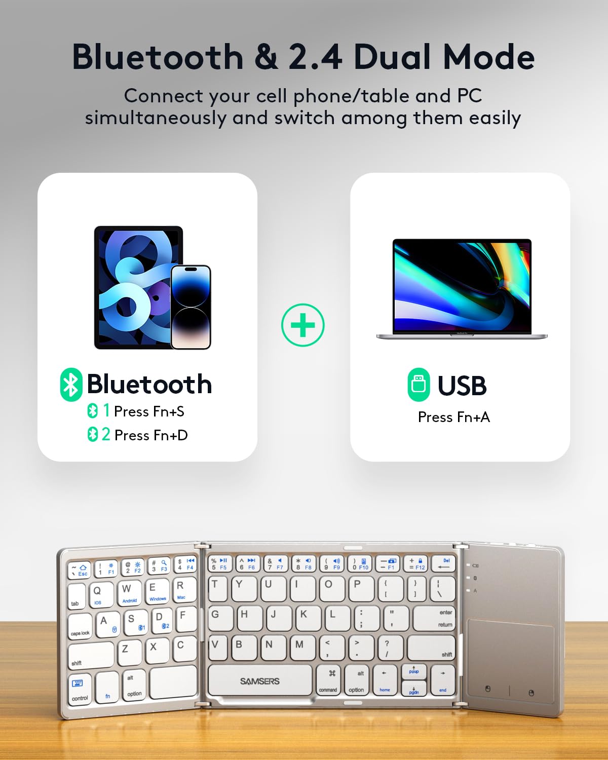 Samsers Foldable Bluetooth Keyboard with Touchpad- Black