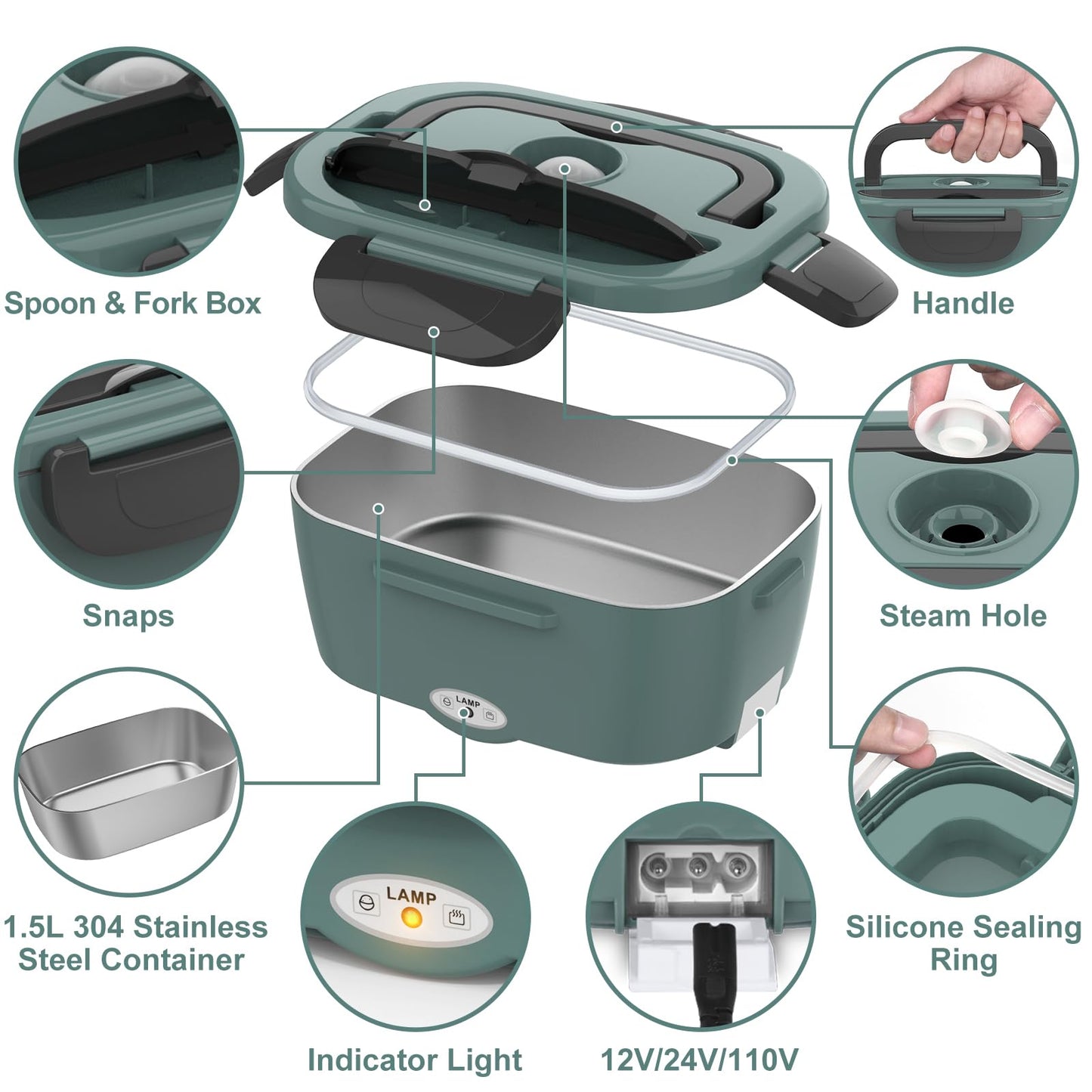 WisaKey Green Electric Lunch Box Food Heater