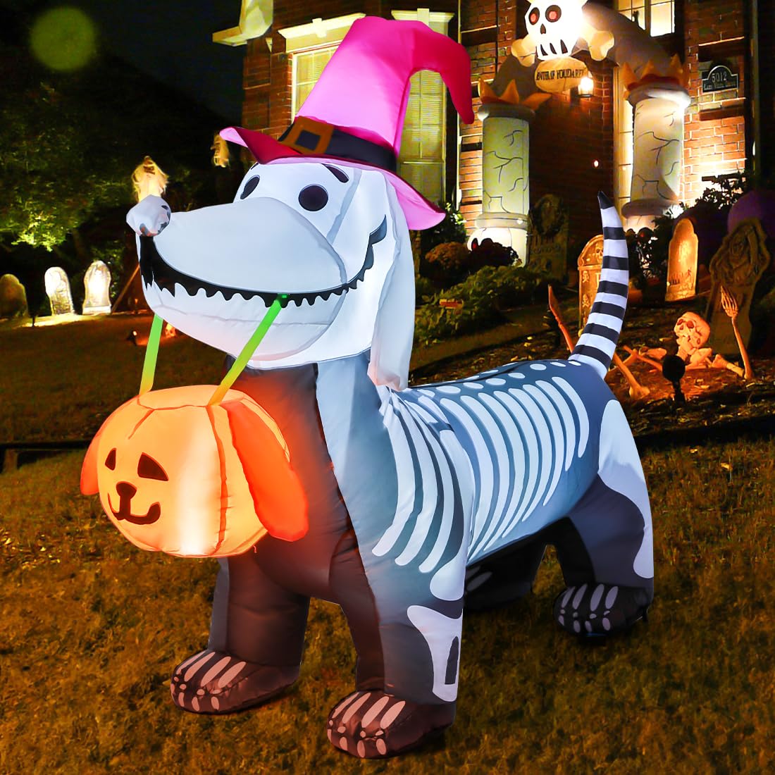 GOOSH 5.5 FT Inflatables Outdoor Decorations Skeleton Puppy  for Halloween Party