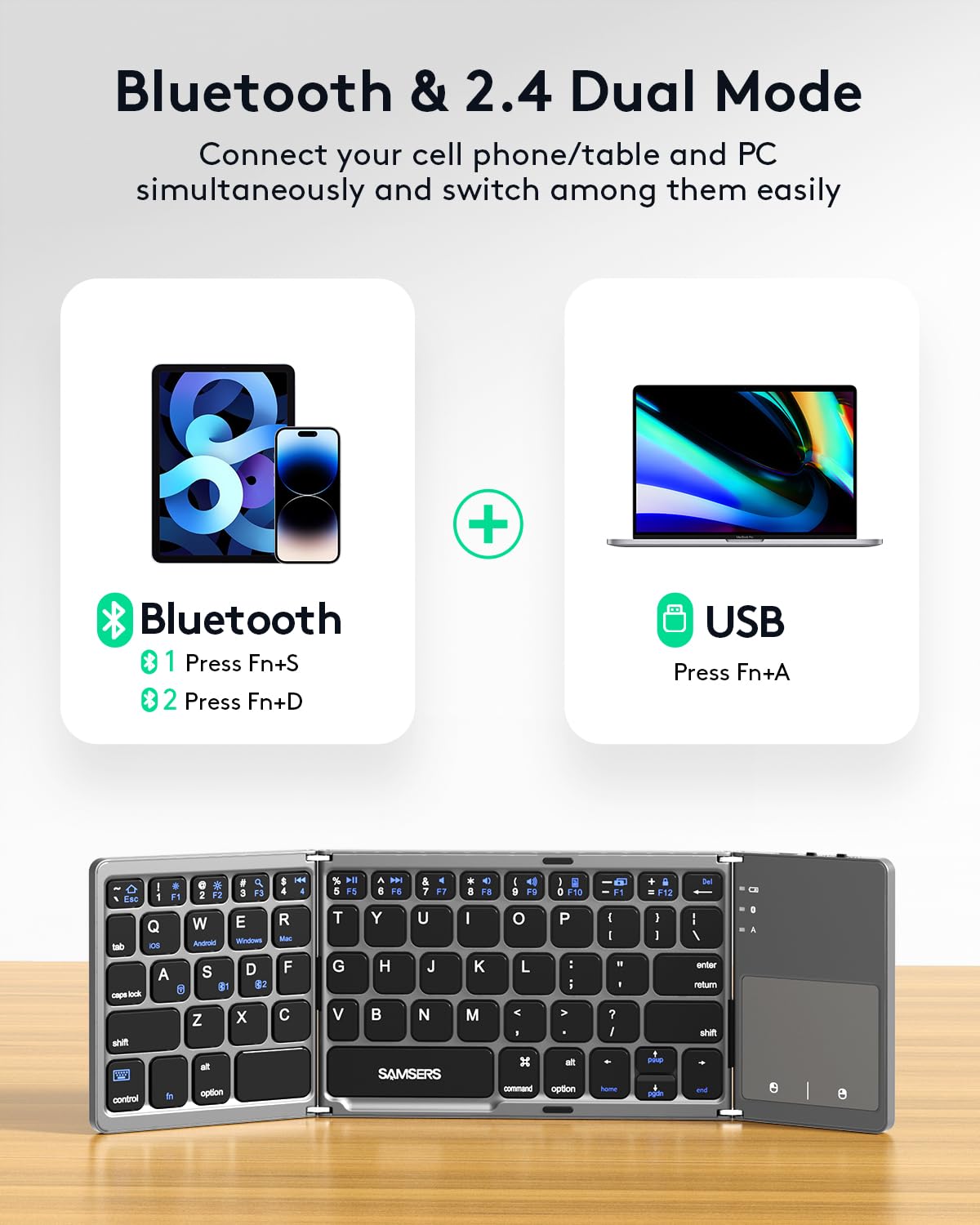 Samsers Foldable Bluetooth Keyboard with Touchpad- Black