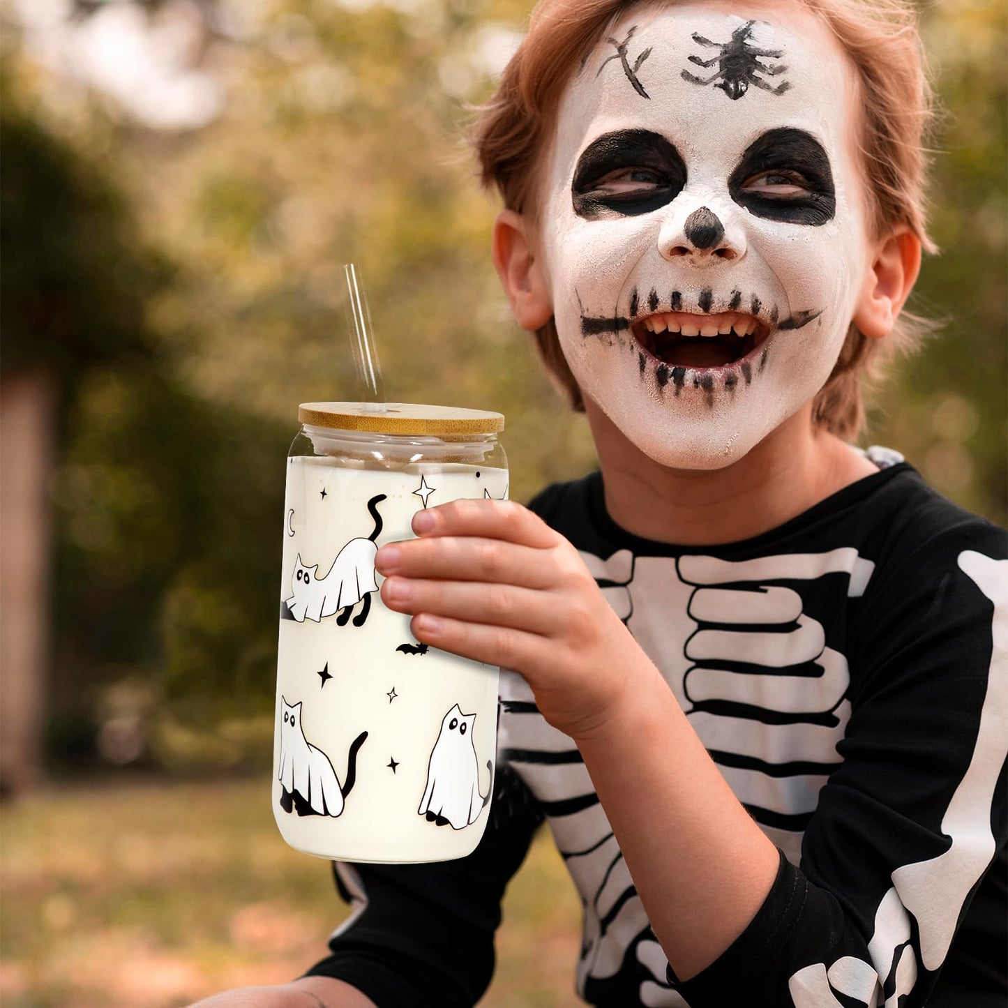 Joyseller Halloween Glass Cup, 18oz Cute Ghost Cat Iced Coffee Can Glass Tumbler