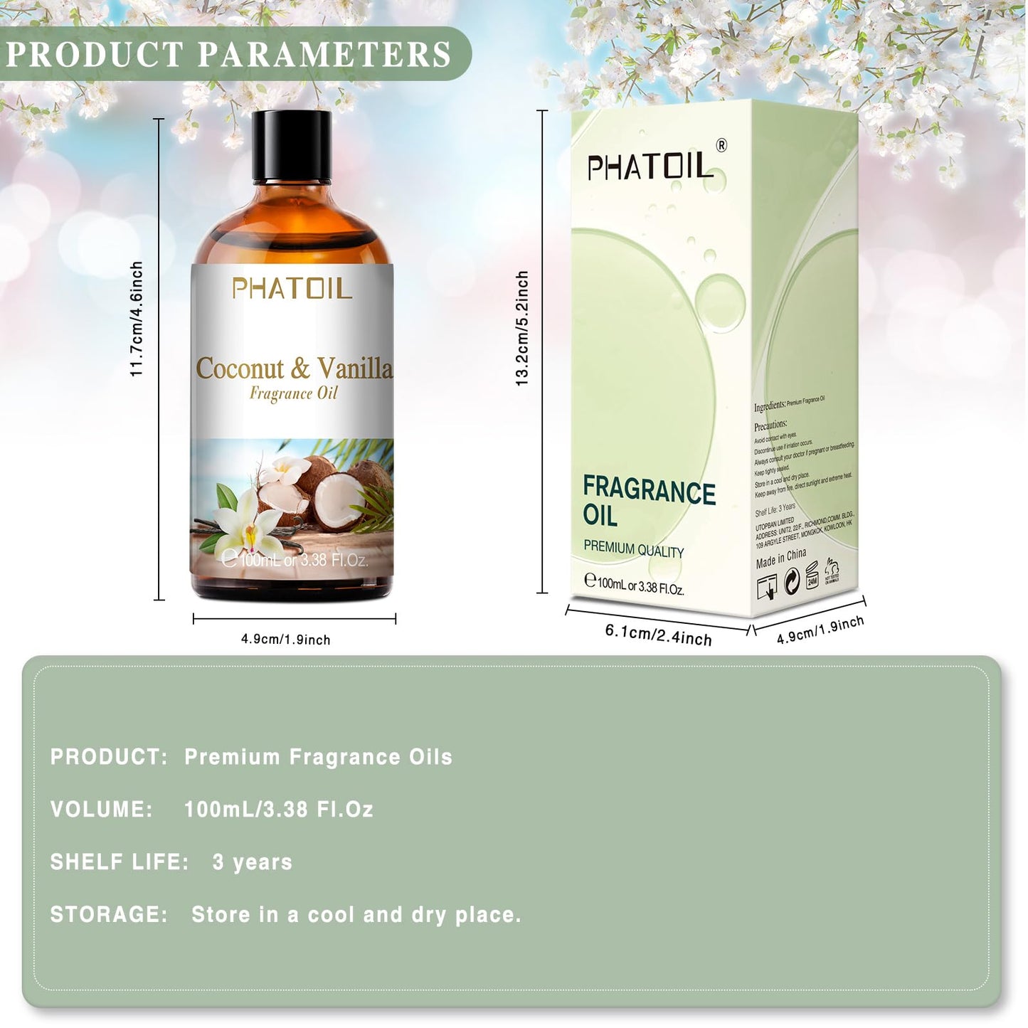 PHATOIL 3.38FL.OZ Coconut & Vanilla Fragrance Oils for Aromatherapy