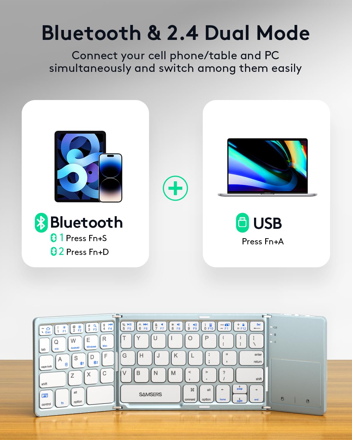 Samsers Foldable Bluetooth Keyboard with Touchpad- Black