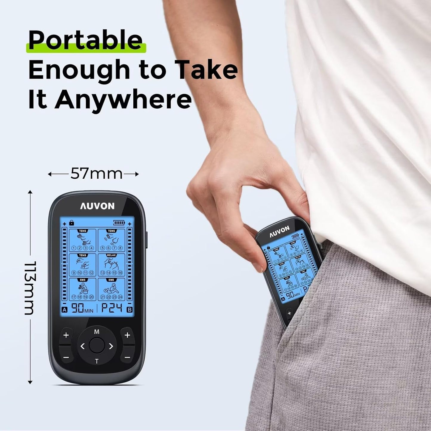 AUVON 3-in-1 TENS Unit Muscle Stimulator With 12 TENS Pads