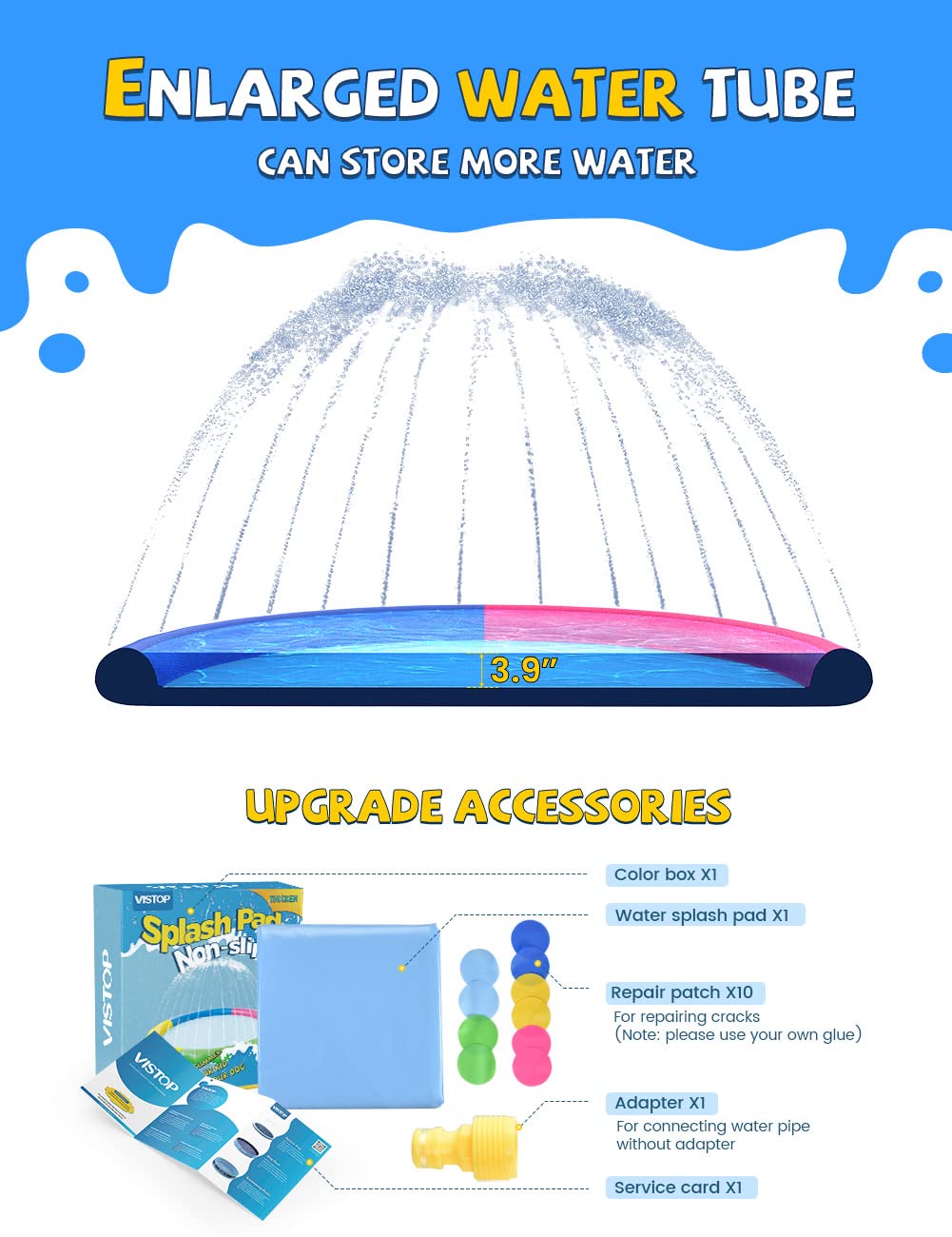 VISTOP Non-Slip Splash Pad for Kids and Dog, Thicken Sprinkler Pool Summer Outdoor Water Toys - Fun Backyard Fountain Play Mat for Baby Girls Boys Children or Pet Dog (67 inch, Blue&Blue)