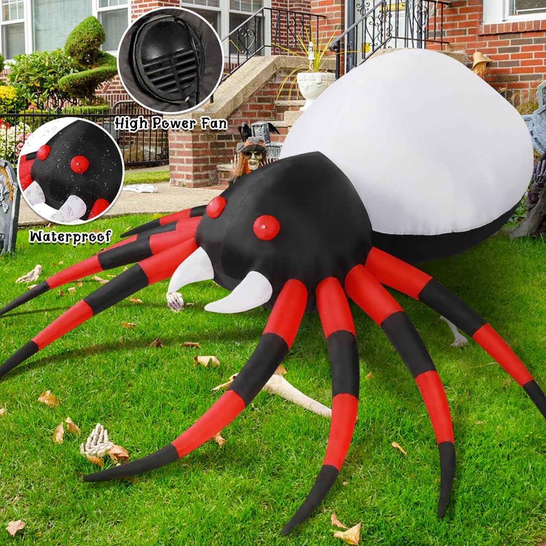GOOSH 8 FT Width Halloween Inflatables Spider with Magic Light  Halloween Decorations