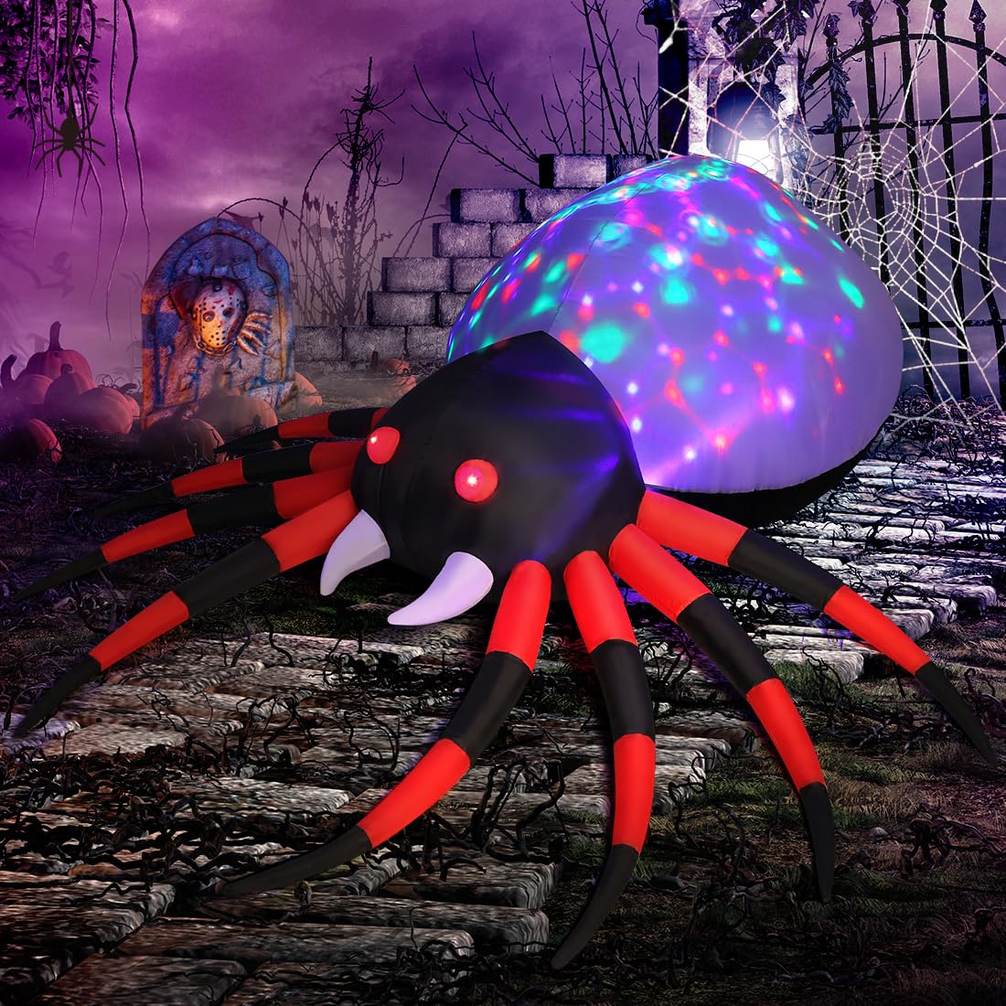 GOOSH 8 FT Width Halloween Inflatables Spider with Magic Light  Halloween Decorations