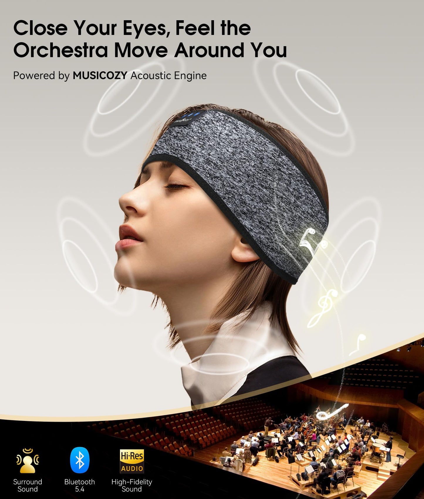 MUSICOZY Sleep Headphones Bluetooth 5.4 Headband, Wireless Earphones