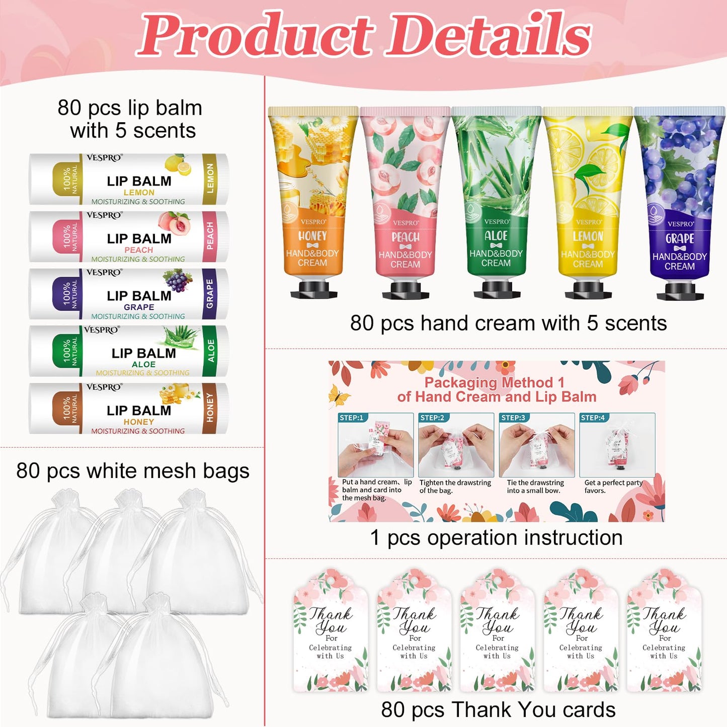 VESPRO 50 Pack Halloween Hand Cream, Facial Mask and Lip Balm Set