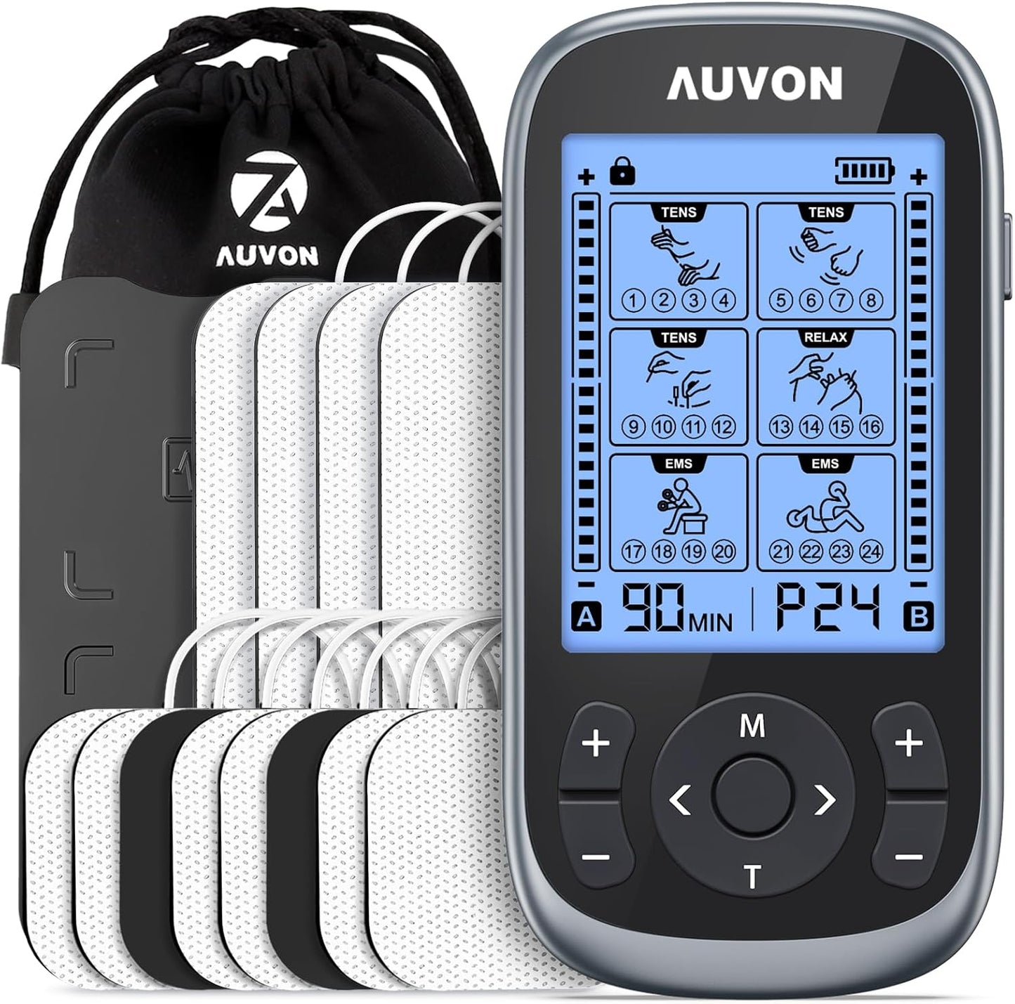 AUVON 3-in-1 TENS Unit Muscle Stimulator With 12 TENS Pads