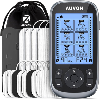AUVON 3-in-1 TENS Unit Muscle Stimulator With 12 TENS Pads