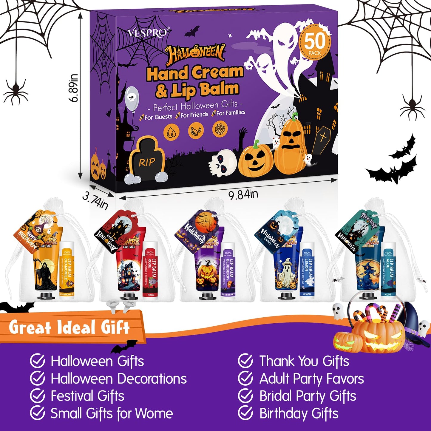 VESPRO 50 Pack Halloween Hand Cream, Facial Mask and Lip Balm Set