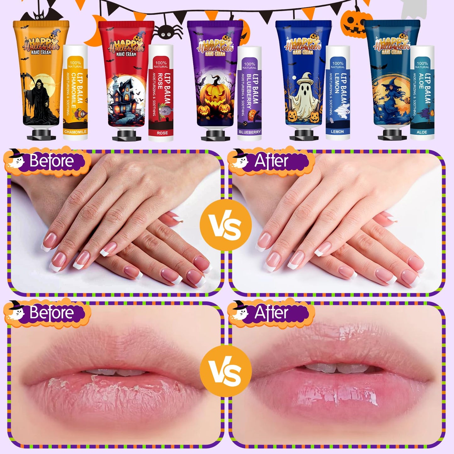 VESPRO 50 Pack Halloween Hand Cream, Facial Mask and Lip Balm Set