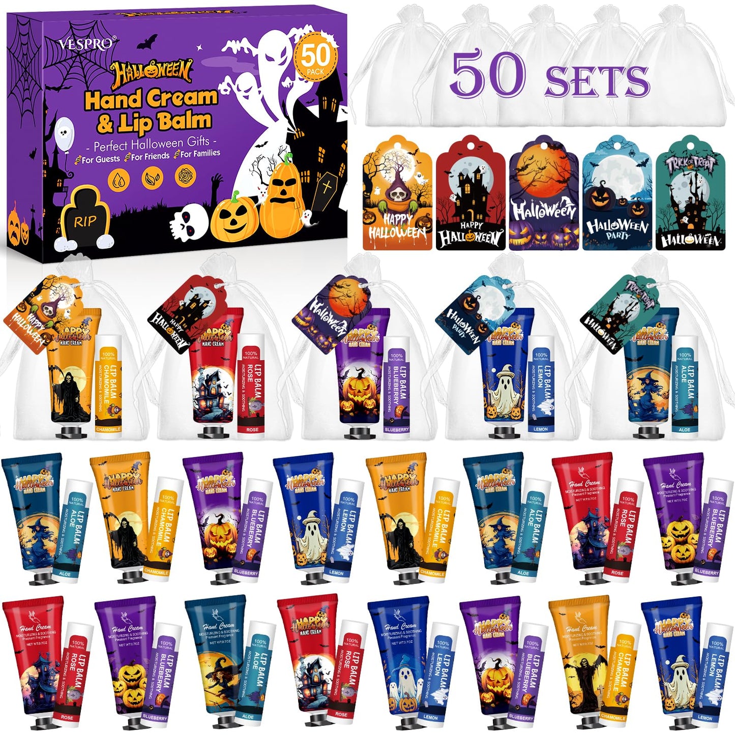 VESPRO 50 Pack Halloween Hand Cream, Facial Mask and Lip Balm Set