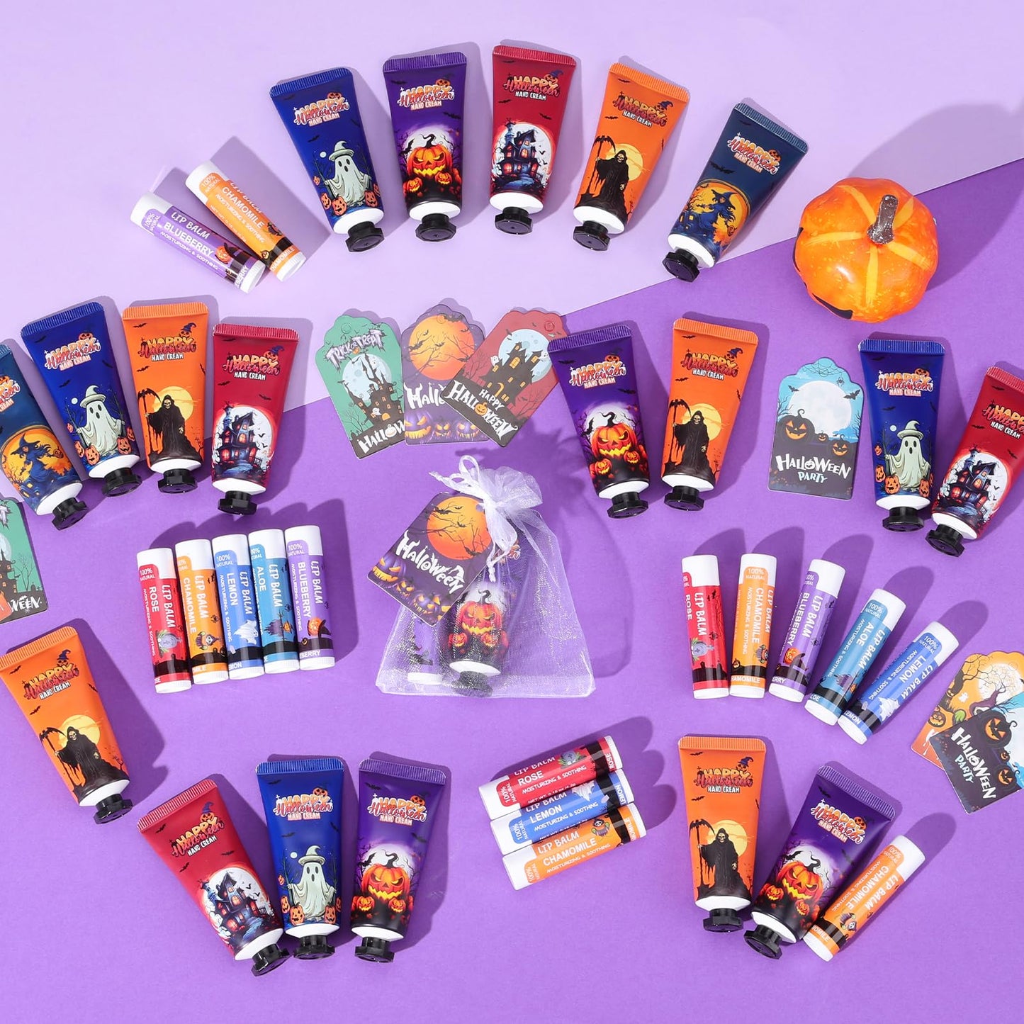 VESPRO 50 Pack Halloween Hand Cream, Facial Mask and Lip Balm Set