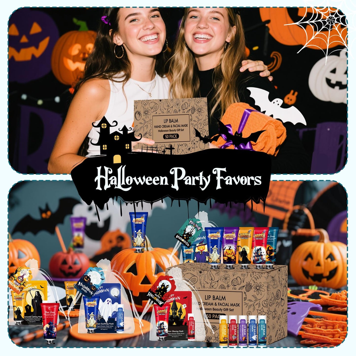 VESPRO 50 Pack Halloween Hand Cream, Facial Mask and Lip Balm Set
